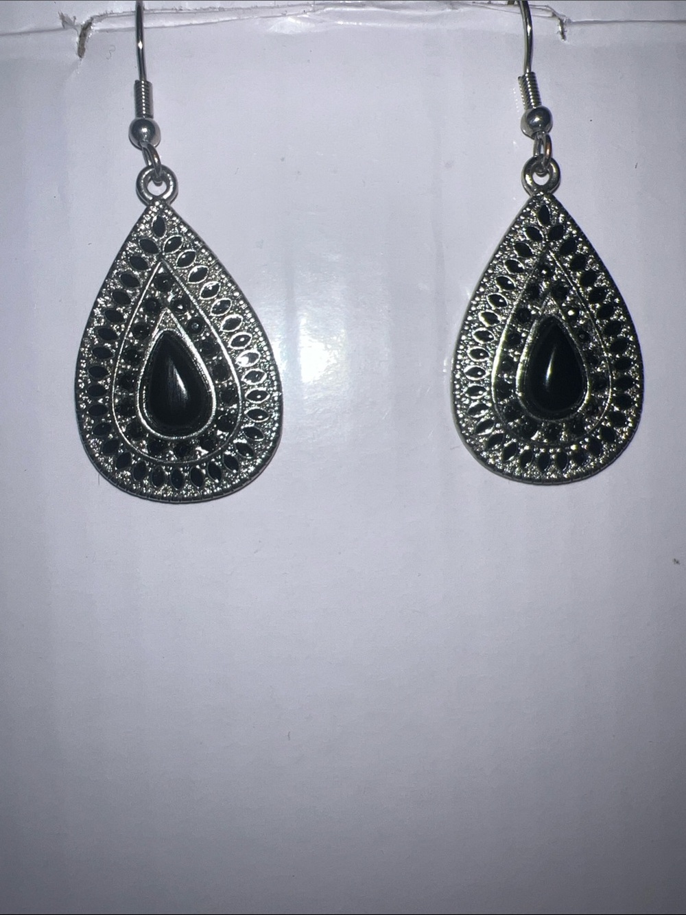 Teardrop Dangle Fishhook Earrings with Black Stones
